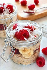 Wall Mural - breakfast refrigerator oatmeal with raspberries and coconut