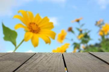 Defocus and blur image of terrace wood and Beautiful landscape w