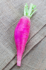 Canvas Print -  Large and fresh purple daikon radish on brown fabric background