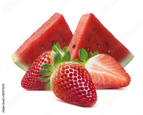 Naklejka nad blat kuchenny Watermelon slices and strawberry isolated on white background