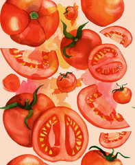 Seamless watercolor tomatoes background, toned