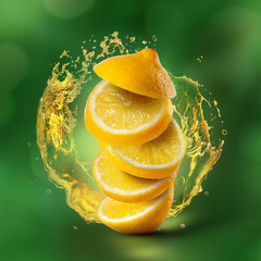 Wall Mural - Lemon flying in air with juice splash on green