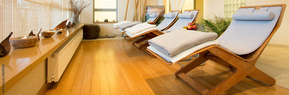 Loungers in spa room - obrazy, fototapety, plakaty 
