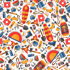 Seamless vector pattern of flat camping and hiking equipment. 