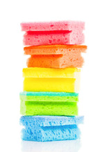 Stack Of Colorful Cleaning Sponges On White Backgorund
