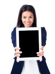 Wall Mural - Businesswoman showing blank tablet computer screen