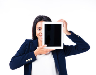 Poster - Businesswoman covering her eye with tablet computer