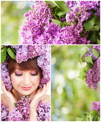 Poster - Young woman with lilac flowers. Spring collage