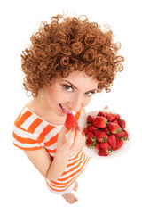 Poster - un woman with strawberry on the white background