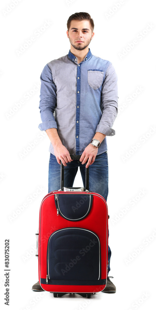 Man in blue shirt and jeans with suitcase isolated on white