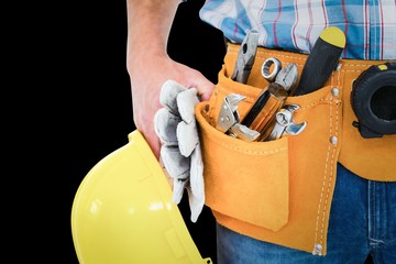 Poster - manual worker wearing tool belt while holding gloves and helmet