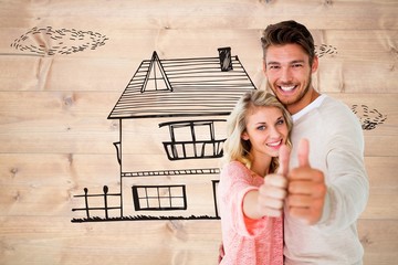 Poster - Composite image of attractive couple showing thumbs up to camera