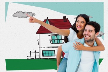 Poster - happy casual man giving pretty girlfriend piggy back