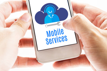 Wall Mural - close up two hand holding smart phone with mobile service word a