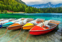 Stunning Alpine Landscape And Colorful Boats,Lake Fusine,Italy