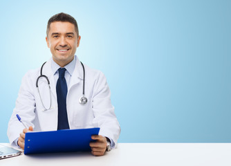 Wall Mural - happy doctor with clipboard over blue background