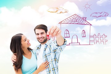 Poster - Composite image of happy young couple showing new house key