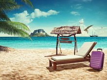 Beach Chair And Suitcase On Sand Beach. Concept For Rest