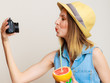  Summer girl taking self picture selfie with camera