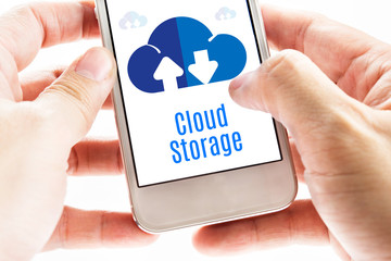 Wall Mural - close up two hand holding smart phone with cloud storage word an