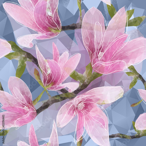 Plakat na papierze fotorealistycznym Bezszwowe tło z kwitnących kwiatów magnolii w trójkątach