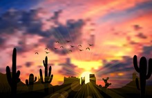Illustration Of Cactus Tree When The Sunset
