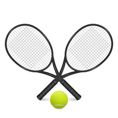 Wall Mural - Tennis ball and two crossed rackets, isolated on white.