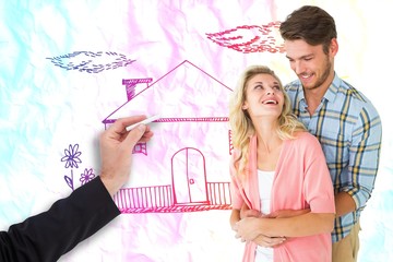 Poster - Composite image of attractive young couple embracing and smiling