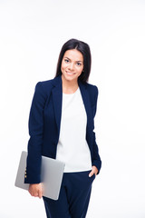 Poster - Happy businesswoman standing with laptop