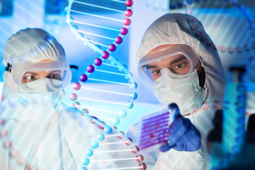 Canvas Print - close up of scientists making test in chemical lab