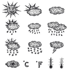 hand drawn set of weather icons, suns, rians and clouds