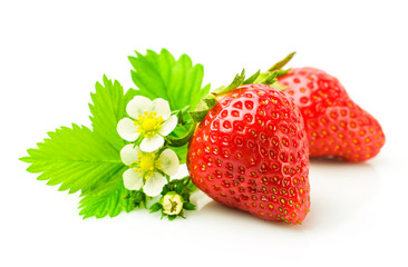 Wall Mural - Fresh ripe strawberries with leaf and flowers