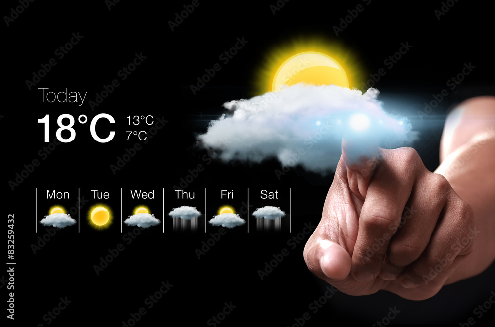 Hand pressing virtual weather icon - obrazy, fototapety, plakaty 