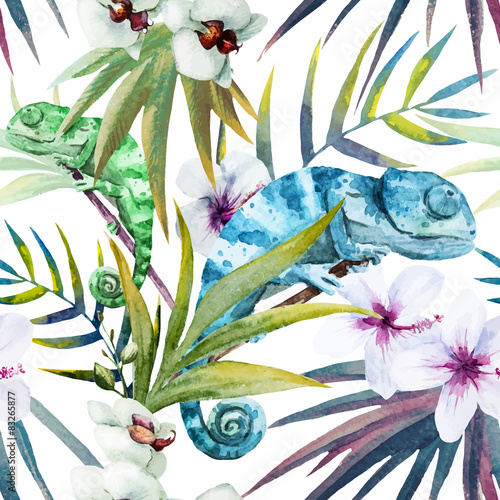 Fototapeta na wymiar Watercolor vector pattern reptiles chameleon