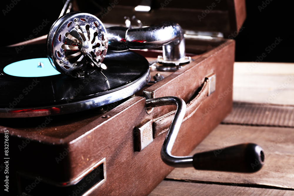 Gramophone with vinyl record, closeup