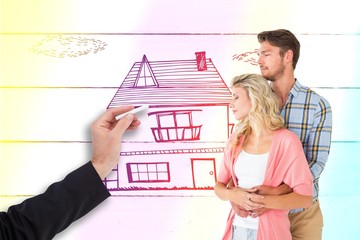 Poster - Composite image of attractive young couple embracing and smiling