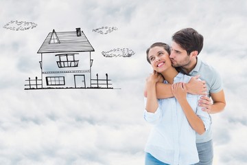 Poster - Composite image of cute couple hugging and smiling 