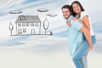 Poster - Happy man giving girlfriend on piggy back