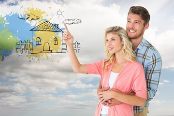 Poster - Composite image of attractive young couple embracing and looking