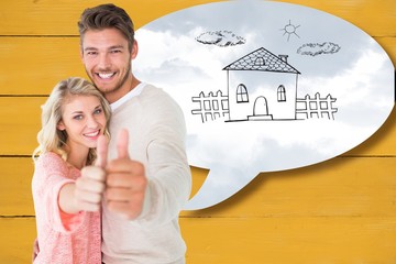 Poster - Composite image of attractive couple showing thumbs up to camera