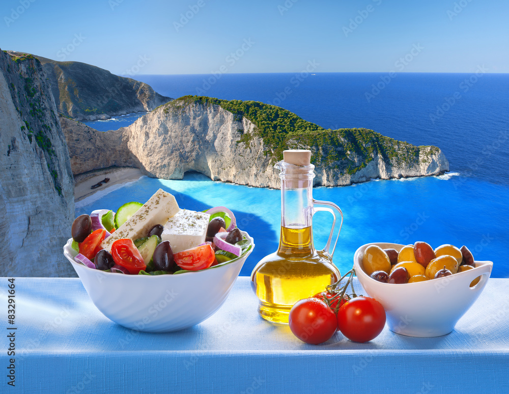  Navagio beach with Greek salad in Zakynthos, Greece - obrazy, fototapety, plakaty 