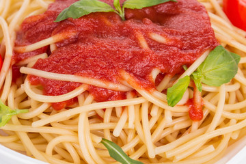 Poster - Macro image of ketchup and pasta.