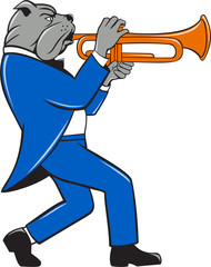 Wall Mural - Bulldog Blowing Trumpet Side View Cartoon