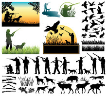 Hunting Silhouettes And Labels Vector Set