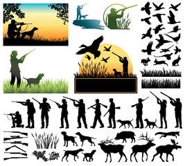 hunting silhouettes and labels vector set