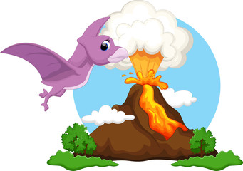 Wall Mural - Funny pterodactyl flying with background volcanoes