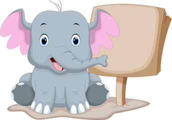 Cute baby elephant cartoon with a blank sign