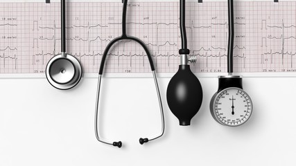 Wall Mural - Stethoscope,sphygmomanometer and cardiogram  isolated on white