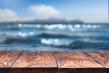 Empty Wooden Table With Sea On Background