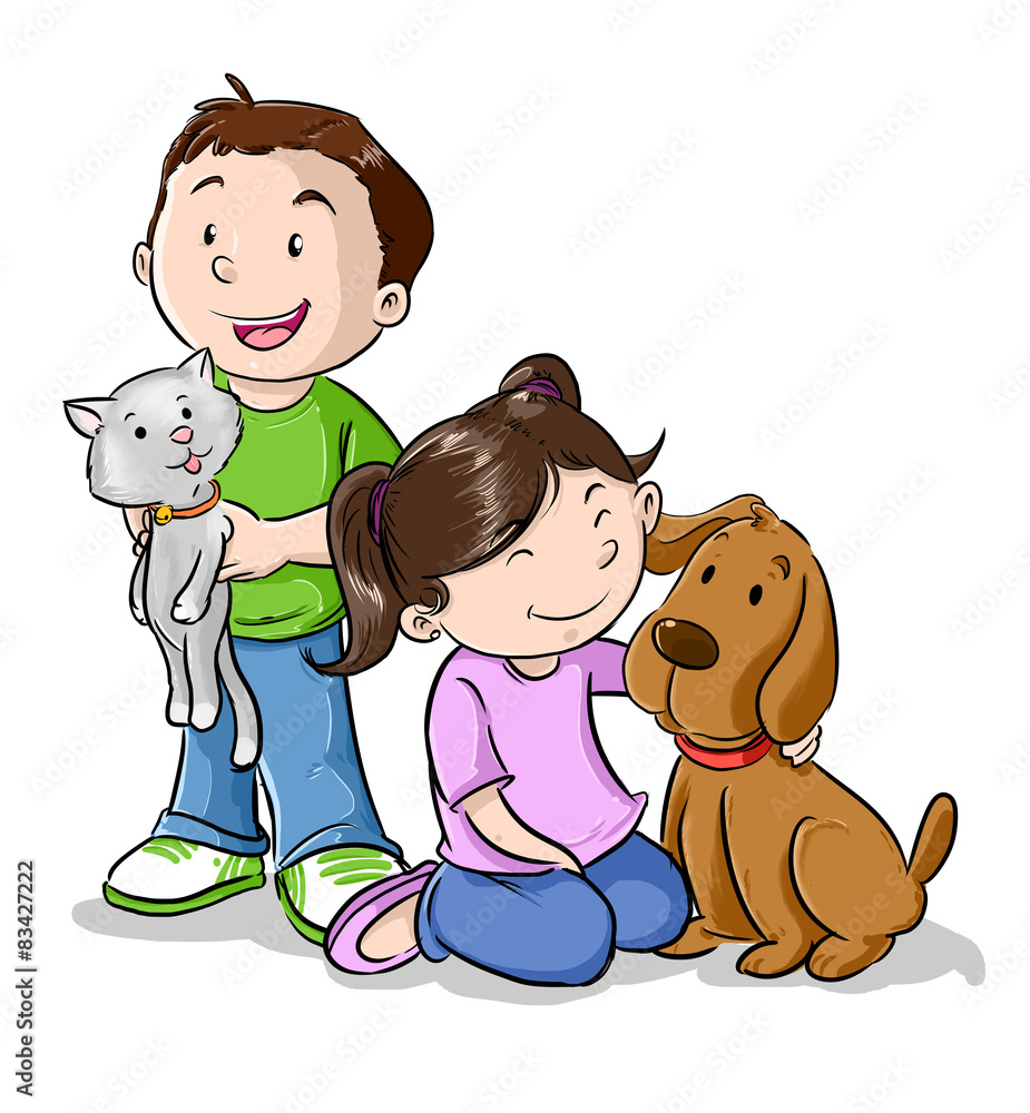 Ilustración de Stock Niños jugando con mascotas | Adobe Stock